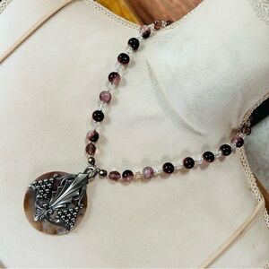 Handcrafted art glass bead crystal art deco orca agate slab pendant necklace